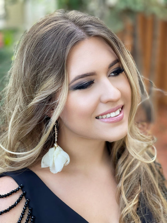 Beige Silk Flower Earrings with Small Pearls