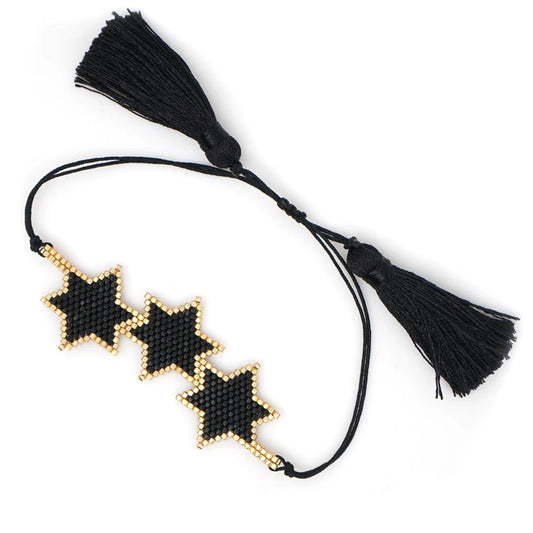Boho Bracelet with Black and Gold Beaded Stars on Black String