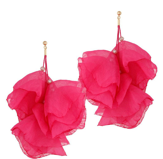 Multi Layer Silk Flower Earrings in Pink
