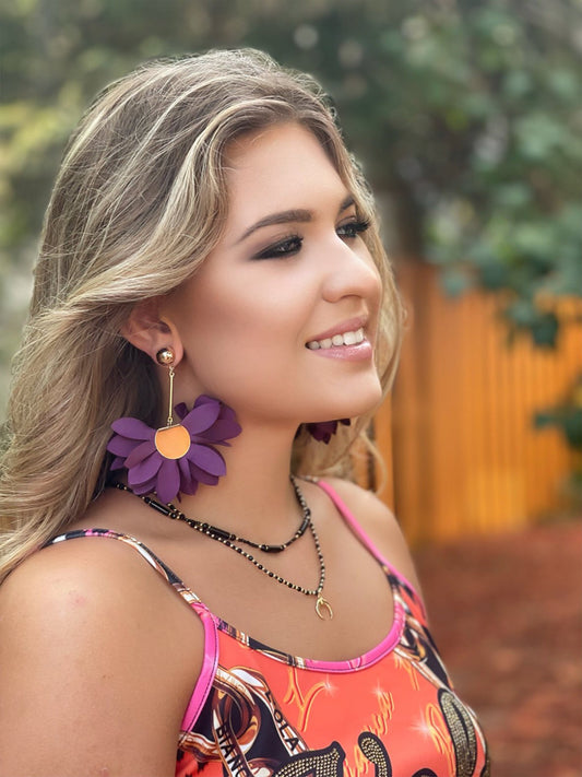 Satin Sunflower Earrings in Plum