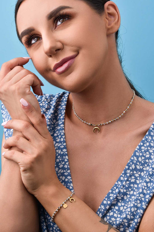 Stainless Steel and Moon Stone Necklace with Moon Pendant