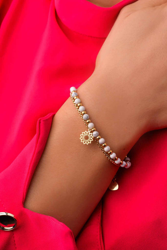 Double Chain Flowers Bracelet with Natural Stones and Gold Beads