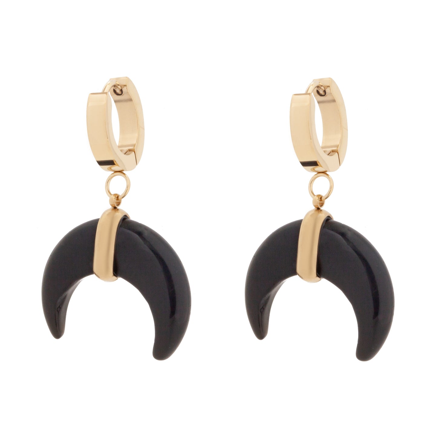 Gold Plated Onyx Moon Hoops Earrings