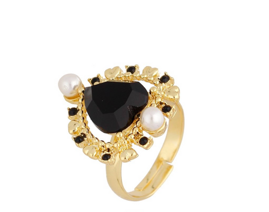 Adjustable Black Heart and Pears Ring