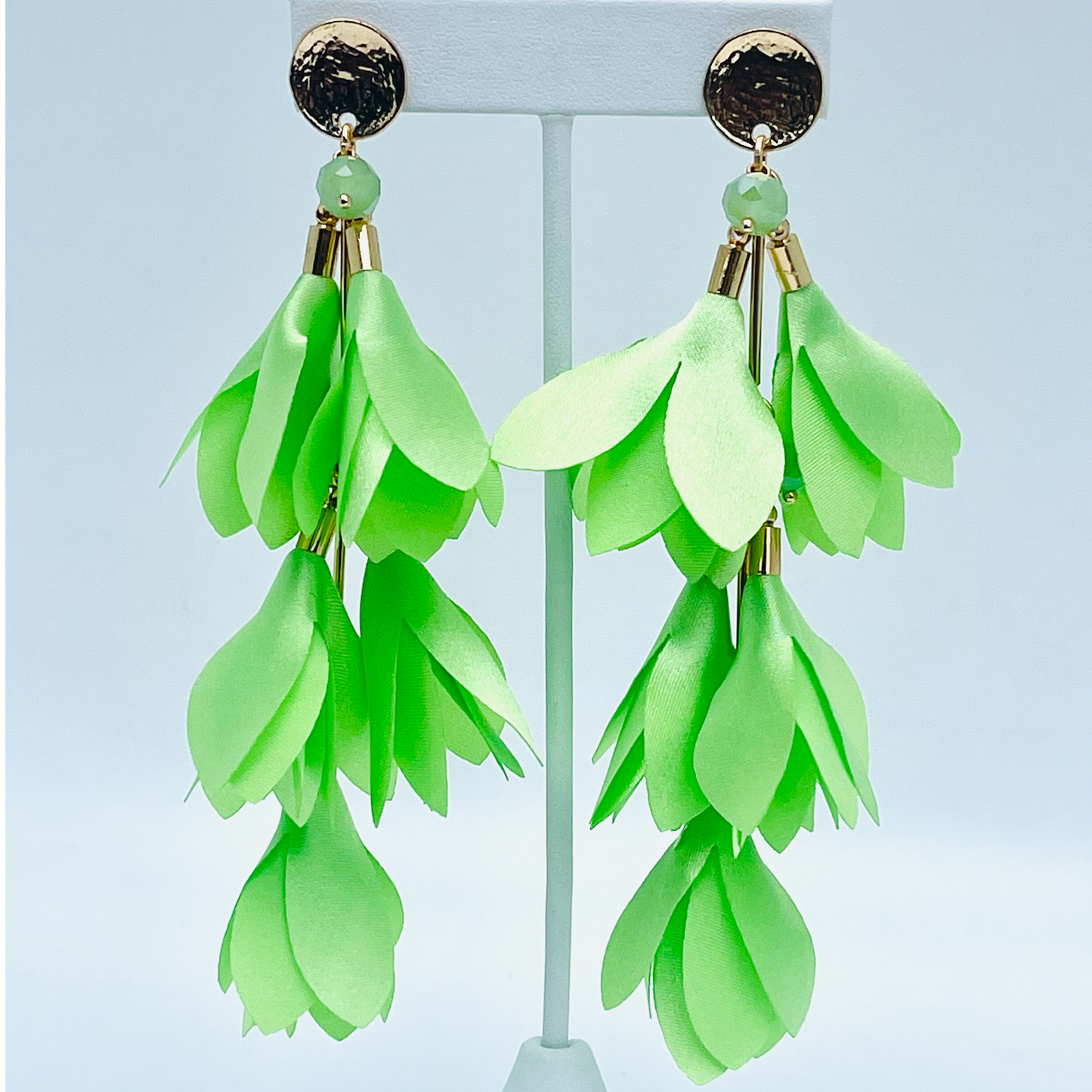 3 Layers Neon Green Satin Flower Earrings