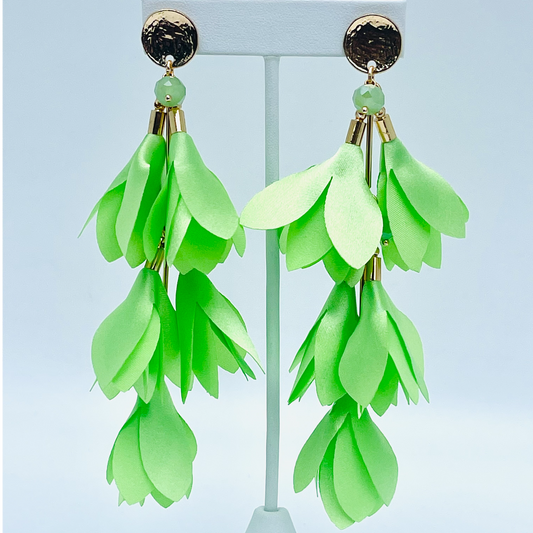 3 Layers Neon Green Satin Flower Earrings