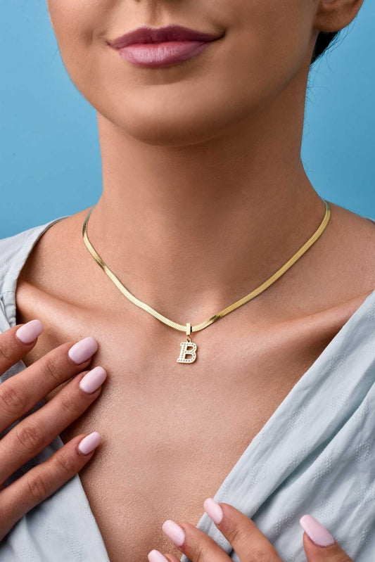 Gold Stainless Steel Necklace with Letter B and Crystals