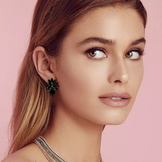 Gold Plated Black Crystal Stud Earrings