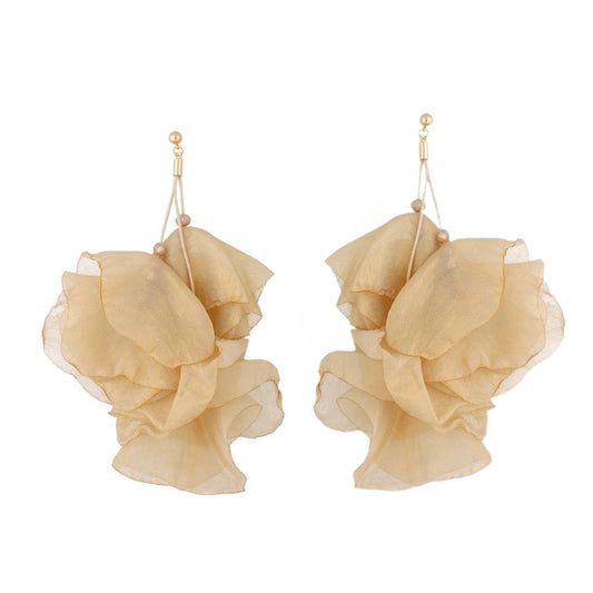 Camel Beige with Gold Shimmer Silk Flower Earrings