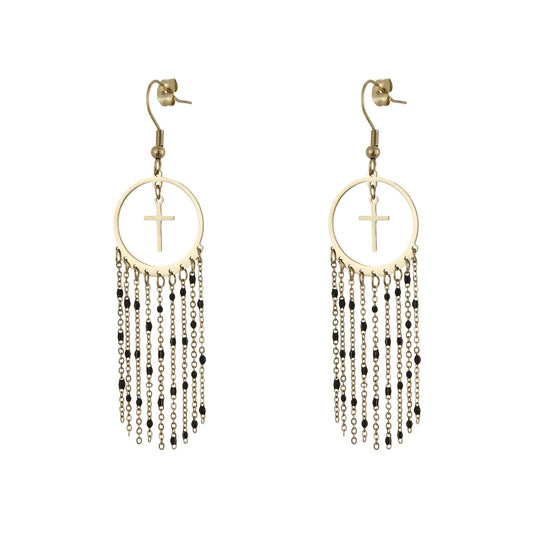 Gold Plated Multi Black Beaded Chains and Cross Tassel Earrings