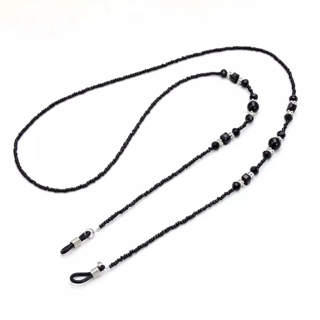 Eyeglasses Chain with Black Agate Stones and Silver Beads