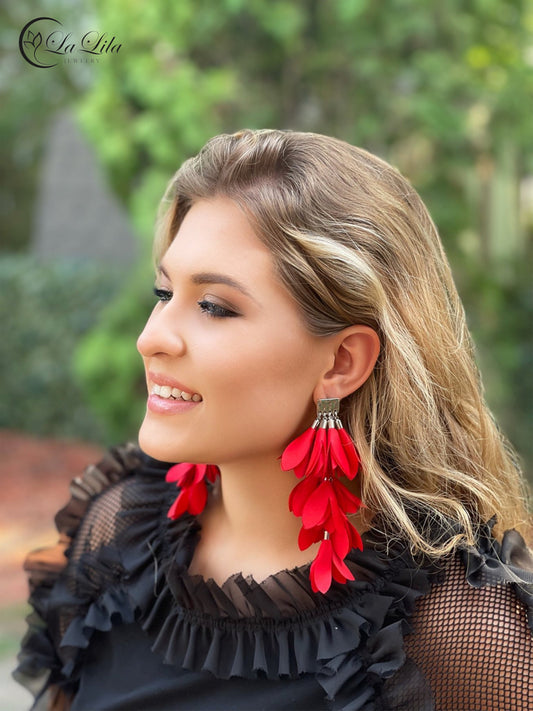 5 inch Red Satin Earrings with Silver Finishing