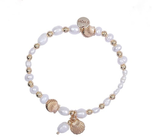 White Elastic Bracelet made of Natural Pearls with Shell Pendants