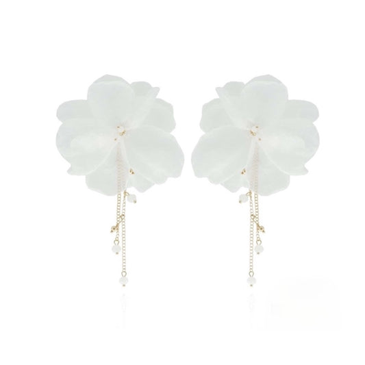 White Flower Earrings with Chains and Beads