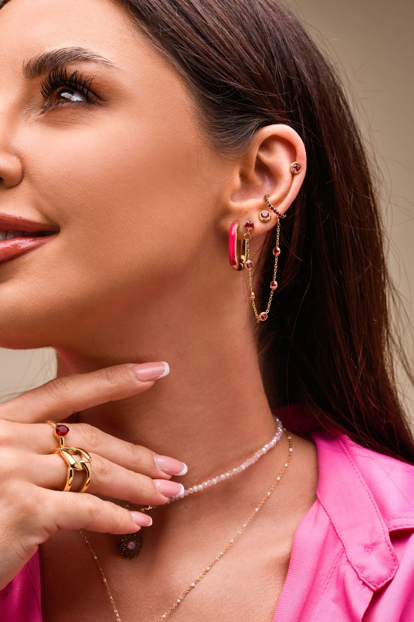 14k Gold Plated Chain Cuff Earrings with Pink Crystals