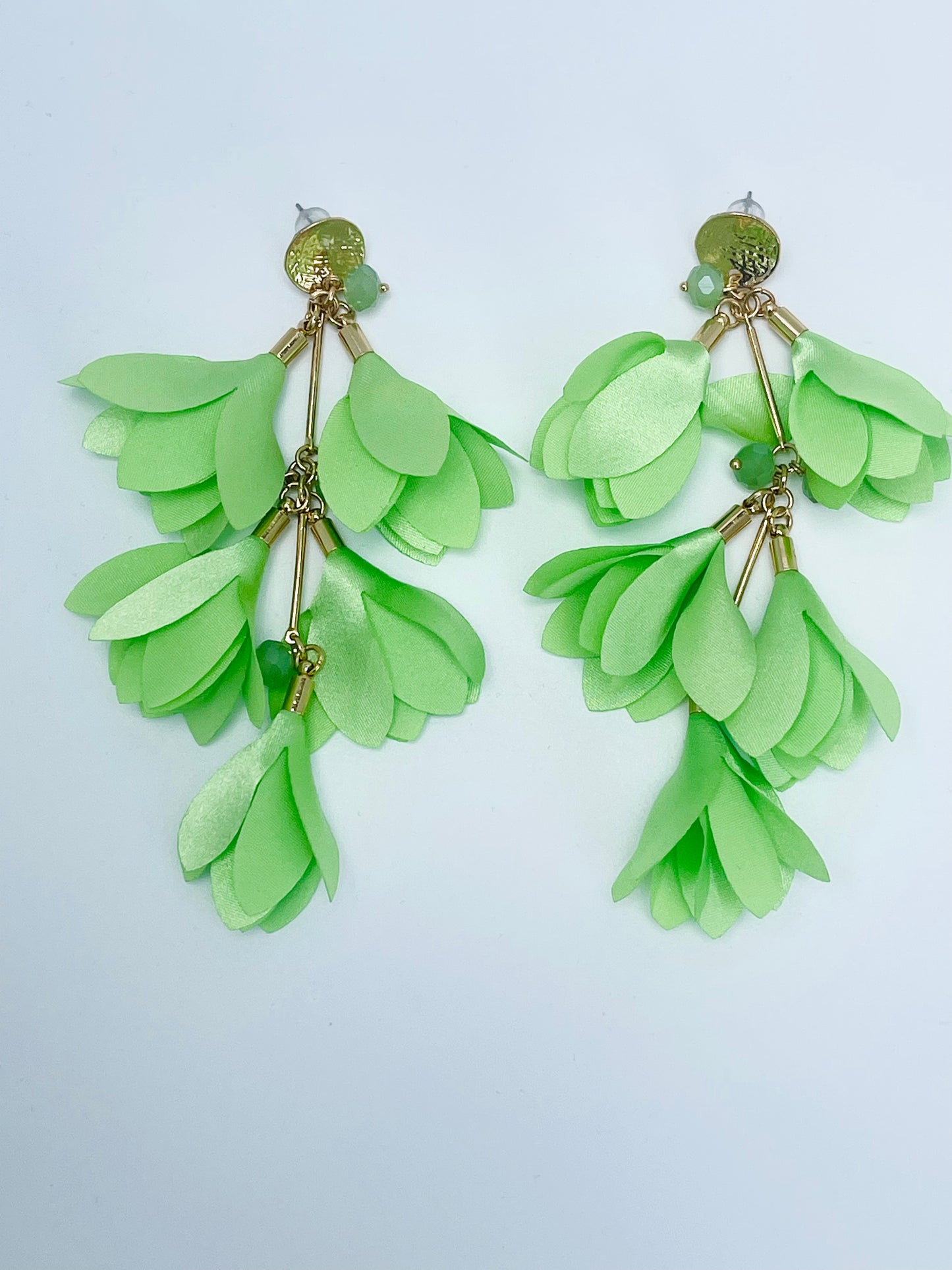 3 Layers Neon Green Satin Flower Earrings