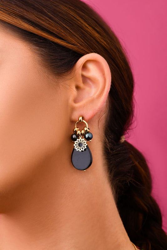 Gold Plated Earrings with Black Seashell and Flower Pendant