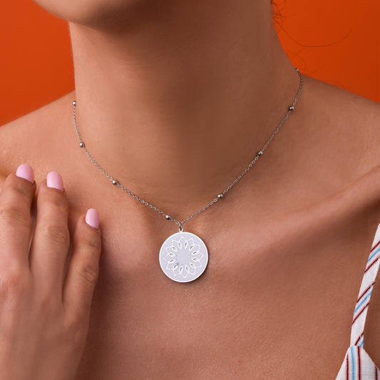 Silver Beads Necklace with White Enamel Flower Pendant