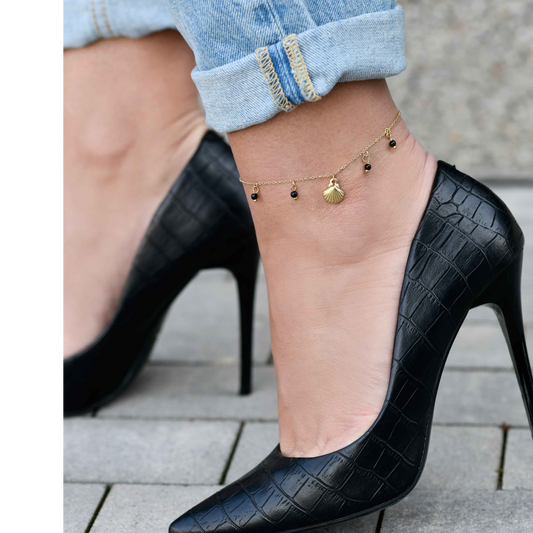 14k Gold Plated Shell and Black Beads Anklet