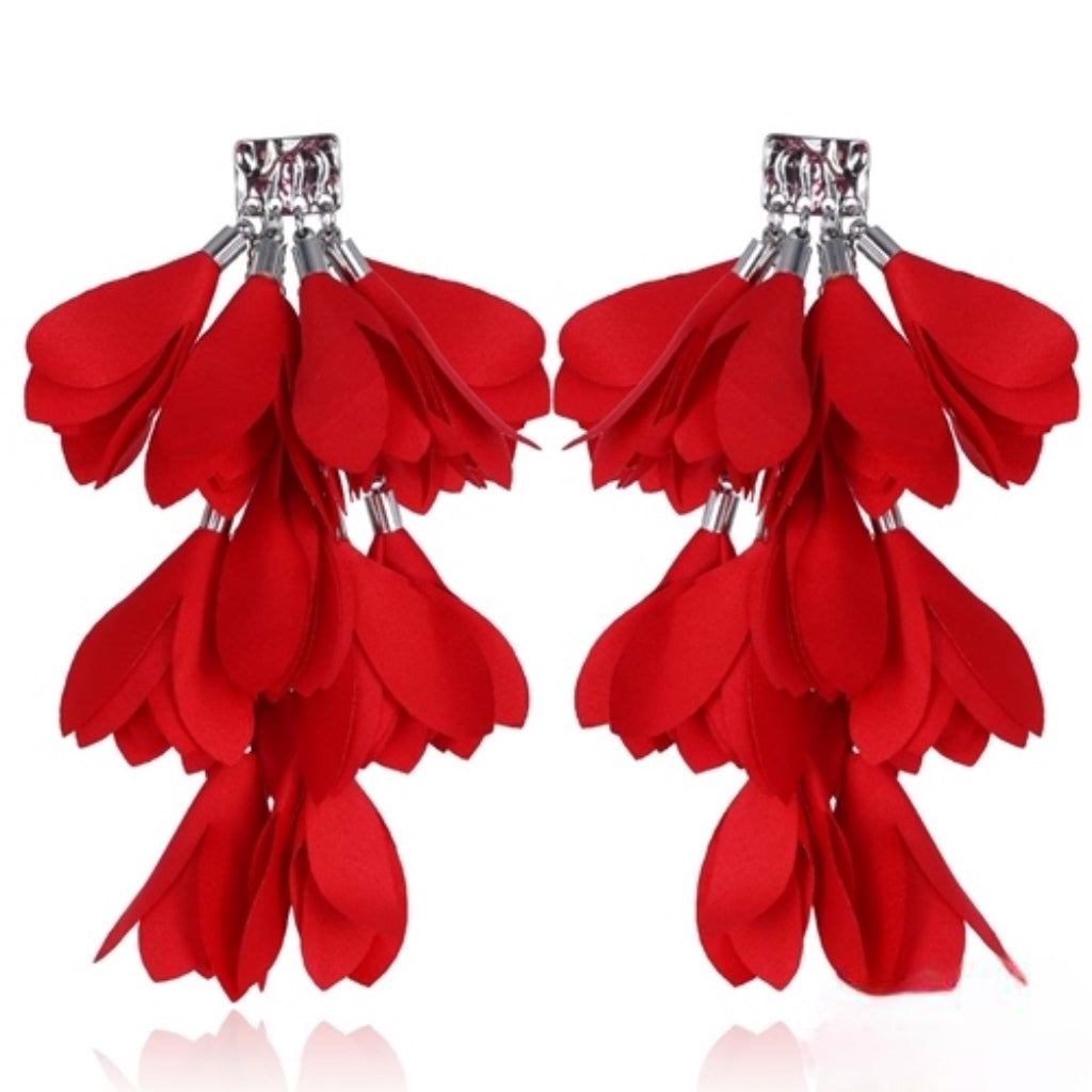 5 inch Red Satin Earrings with Silver Finishing