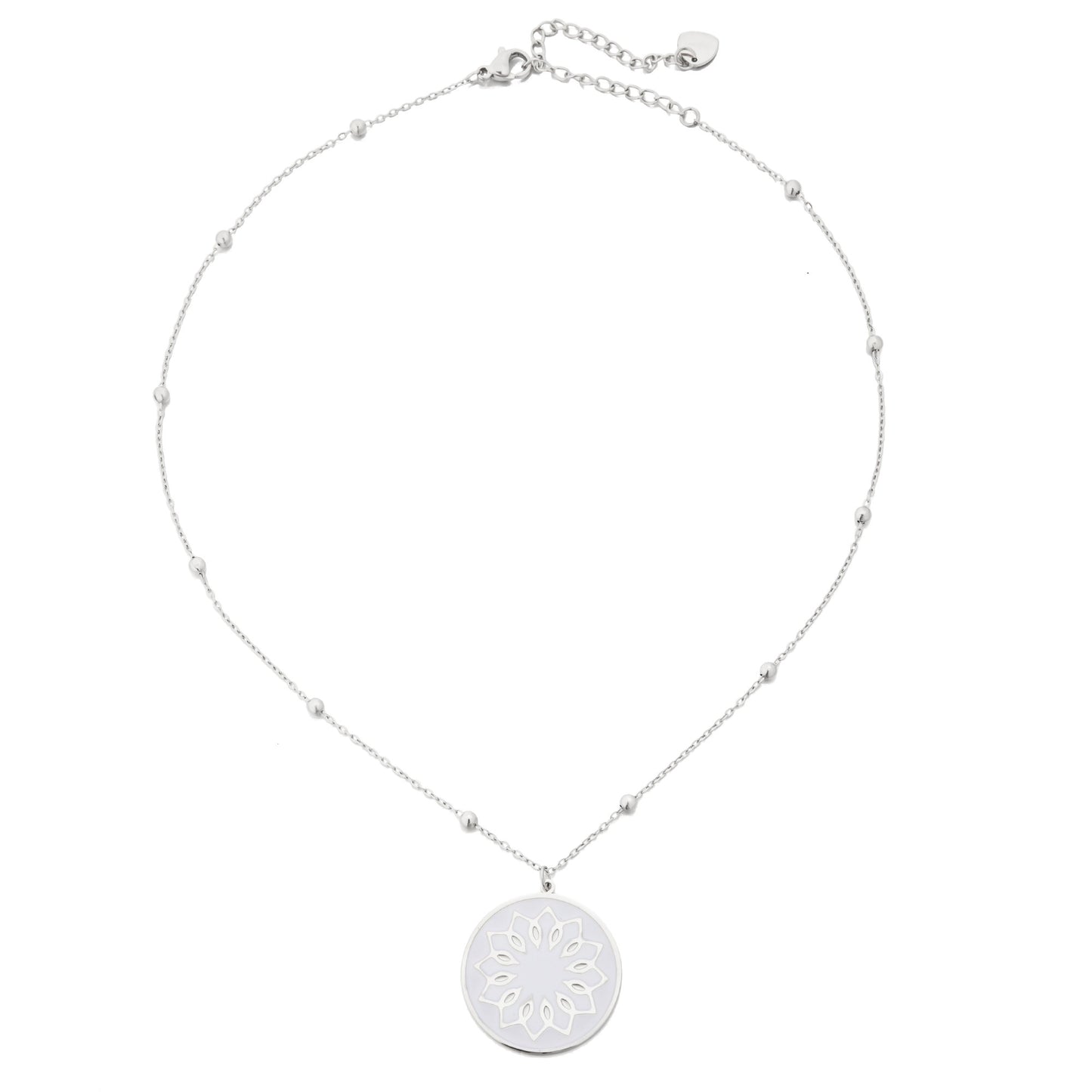 Silver Beads Necklace with White Enamel Flower Pendant