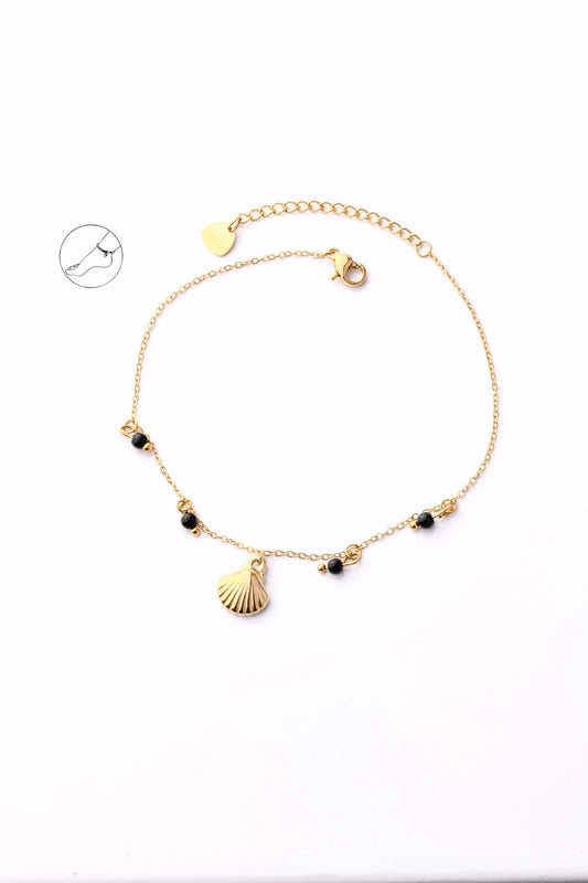 14k Gold Plated Shell and Black Beads Anklet