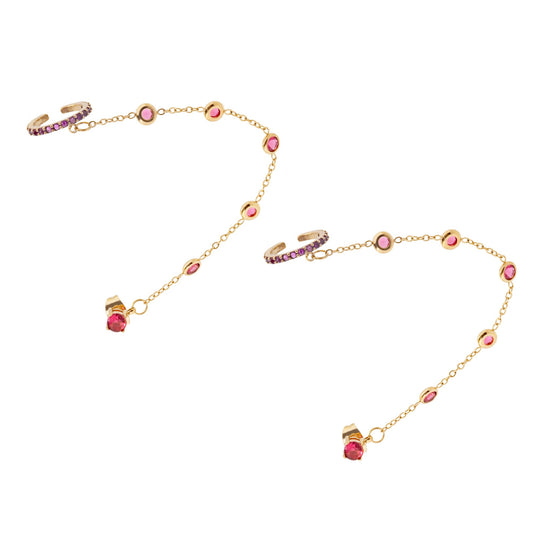 14k Gold Plated Chain Cuff Earrings with Pink Crystals