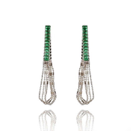Multi Silver Chain Earrings with Green Zirconias