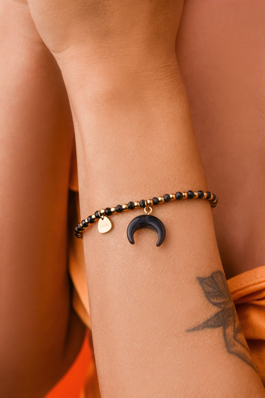 Gold Plated Onyx Bracelet with Natural Stone Moon Pendant