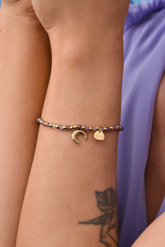 Elastic Stainless Steel and Amethyst Stone Bracelet with Moon Pendant