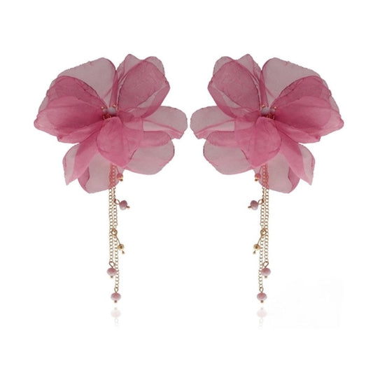 Rose Pink Flower Earrings with Chains and Beads