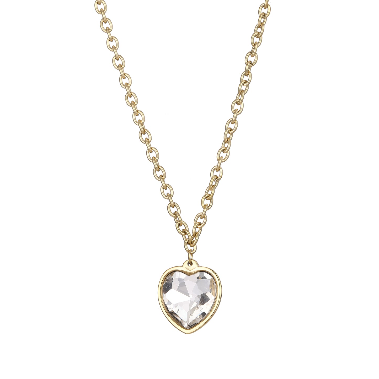 14k Gold Plated Long Necklace with White Crystal Heart Pendant