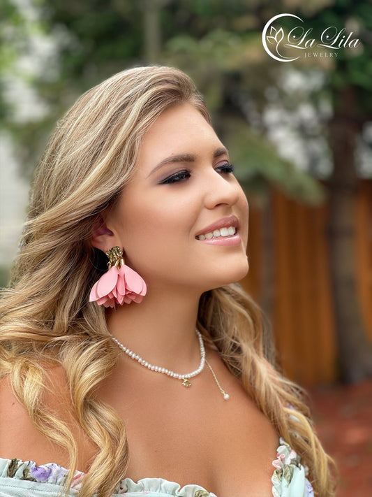 Rose Pink Satin Earrings with Gold Finishing