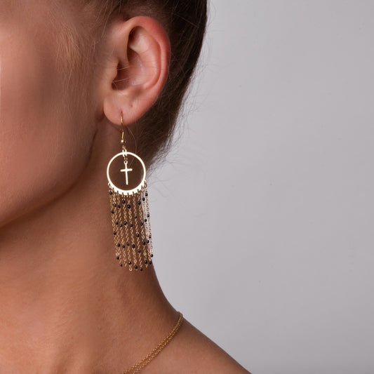 Gold Plated Multi Black Beaded Chains and Cross Tassel Earrings