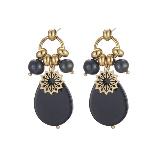 Gold Plated Earrings with Black Seashell and Flower Pendant